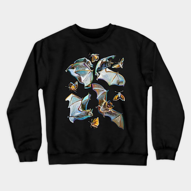 Psychedelic Flying Bats and Moths Crewneck Sweatshirt by RobertPhelpsArt